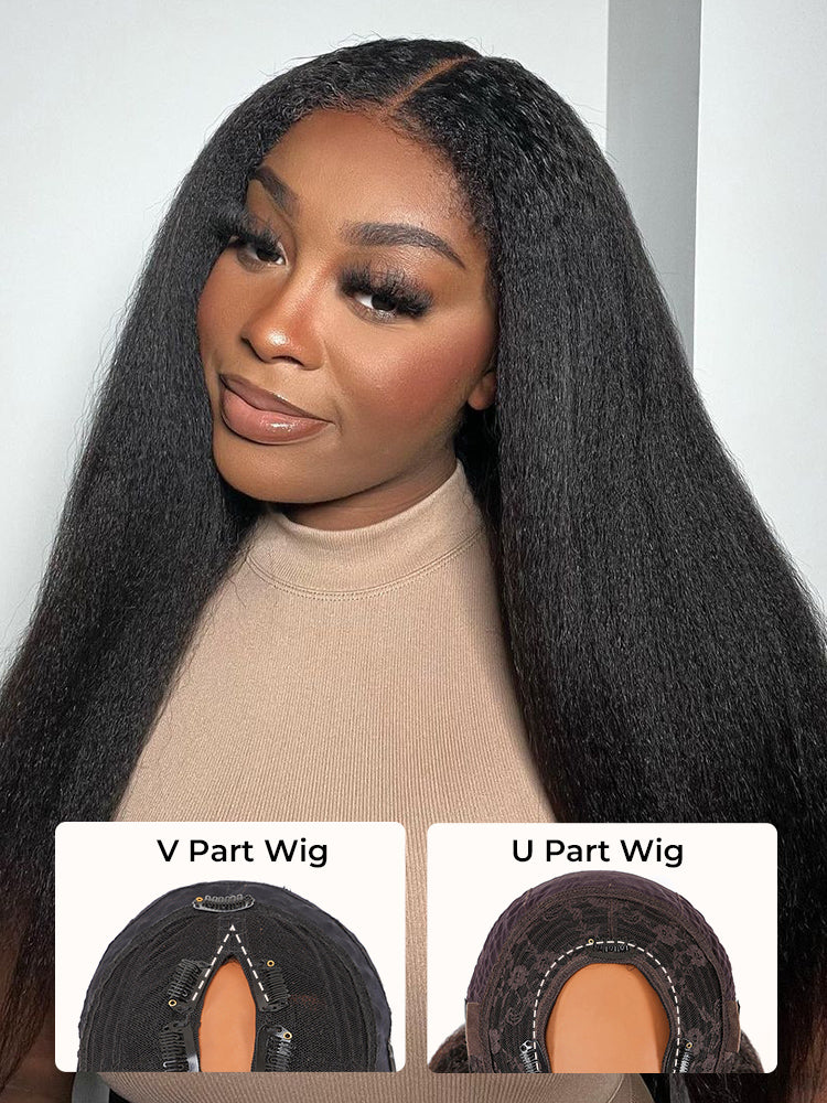 250% Density Boruihair Kinky Straight Glueless Pre‐Plucked Human Hair Wigs| V‐Part & U‐Part Options | 100% Human Hair