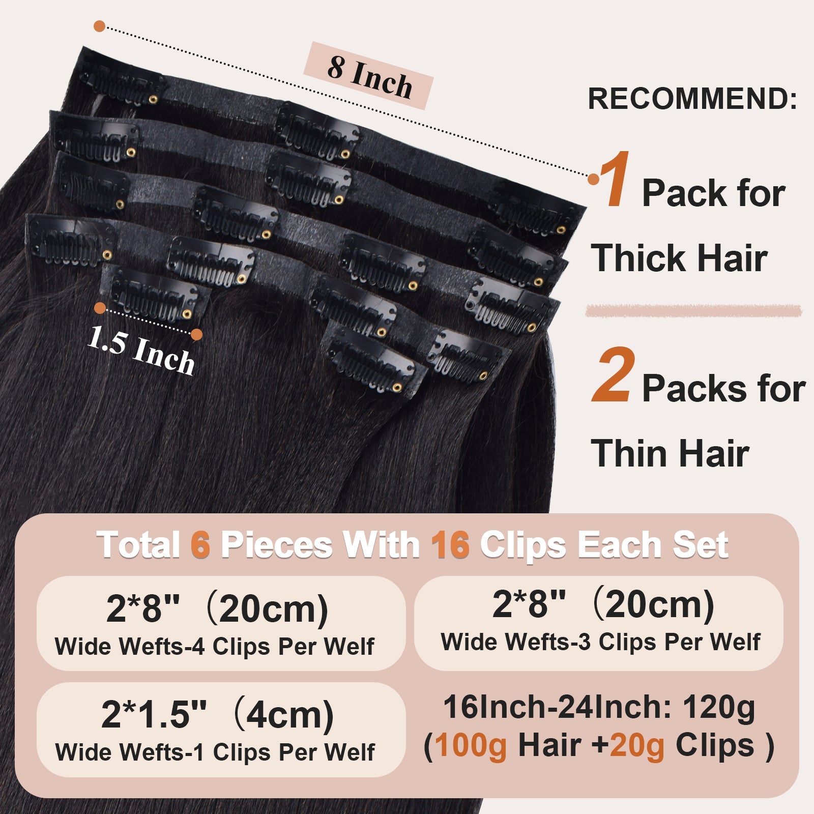 #1B Yaki Straight |6Pcs 100g | PU Seamless Clip ins Hair | 100% Human Hair | boruihair