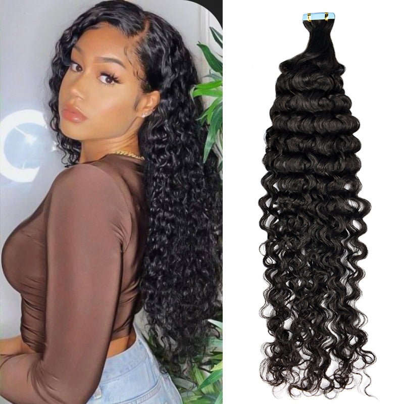 #1B Deep Curly Tape in Hair  Extensions 20pcs 50g/pack Seamless Skin Weft Hair | 100% Human Hair | BORUIHAIR