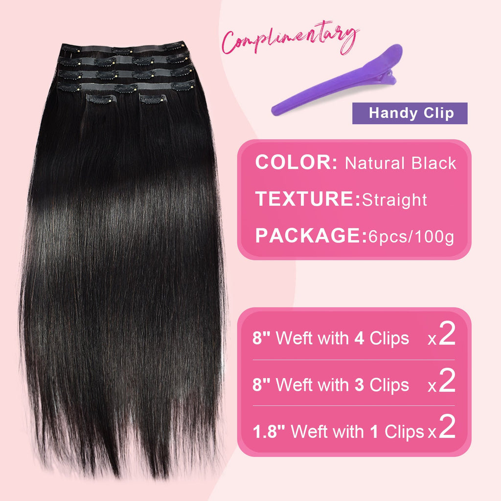 #1B Straight |6Pcs 100g | PU Seamless Clip ins Hair | 100% Human Hair | boruihair