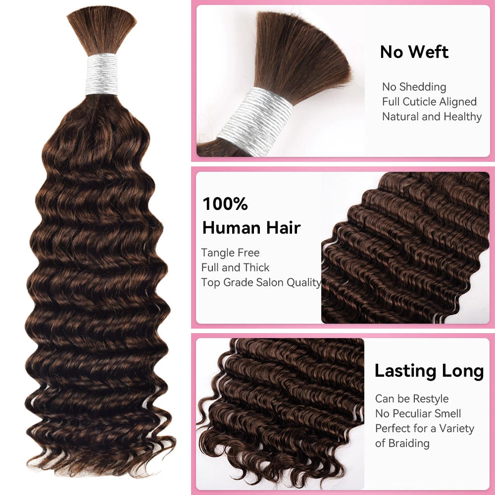 #3 Red Brown Deep Wave Hair Bulk | Boho Braids | No Weft | 100% Human Hair | BORUIHAIR